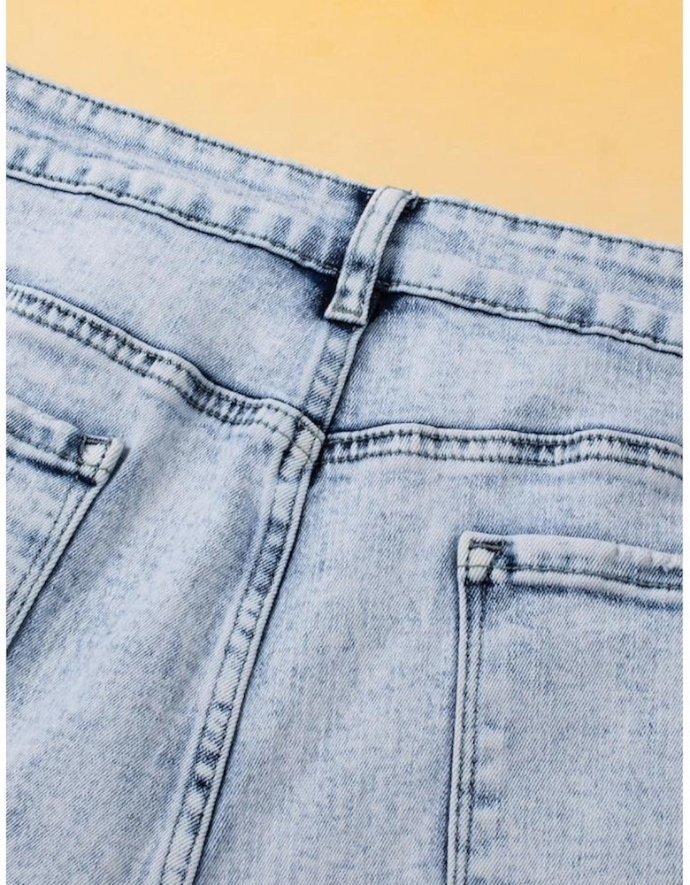 Light Blue Acid Wash Crossed Raw Edge Denim Shorts