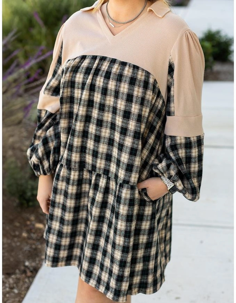Black Plaid Waffle Knit Patchwork Collared V Neck Plus Size Mini Dress