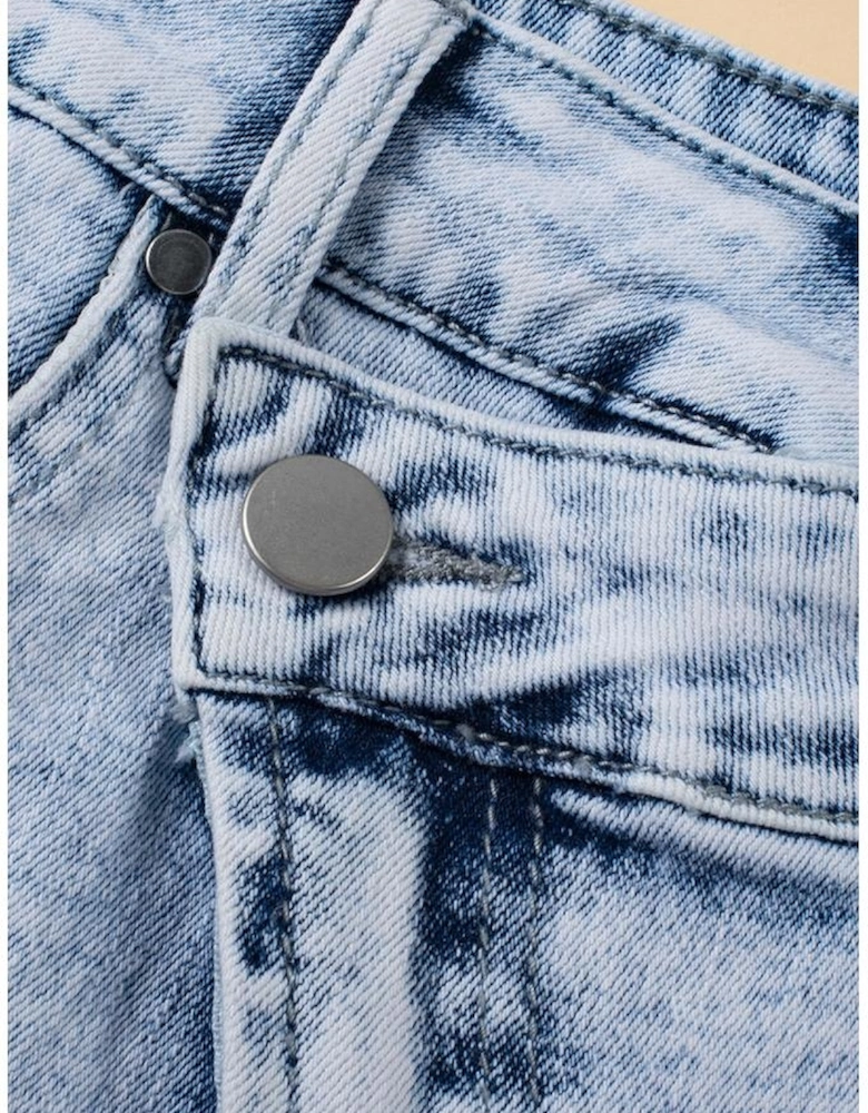 Light Blue Acid Wash Crossed Raw Edge Denim Shorts