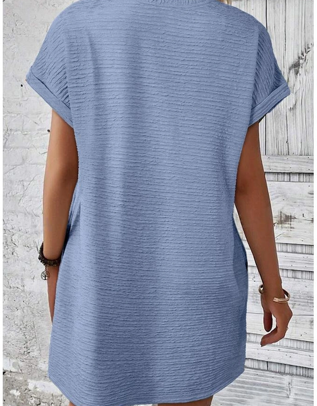 Myosotis Solid Color Textured Crinkle Short Sleeve T Shirt Dress
