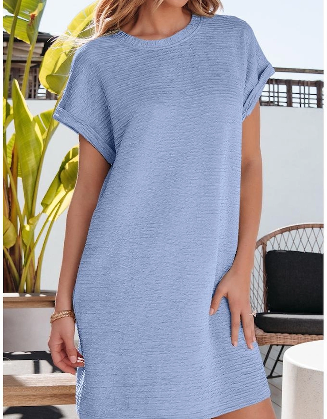 Myosotis Solid Color Textured Crinkle Short Sleeve T Shirt Dress