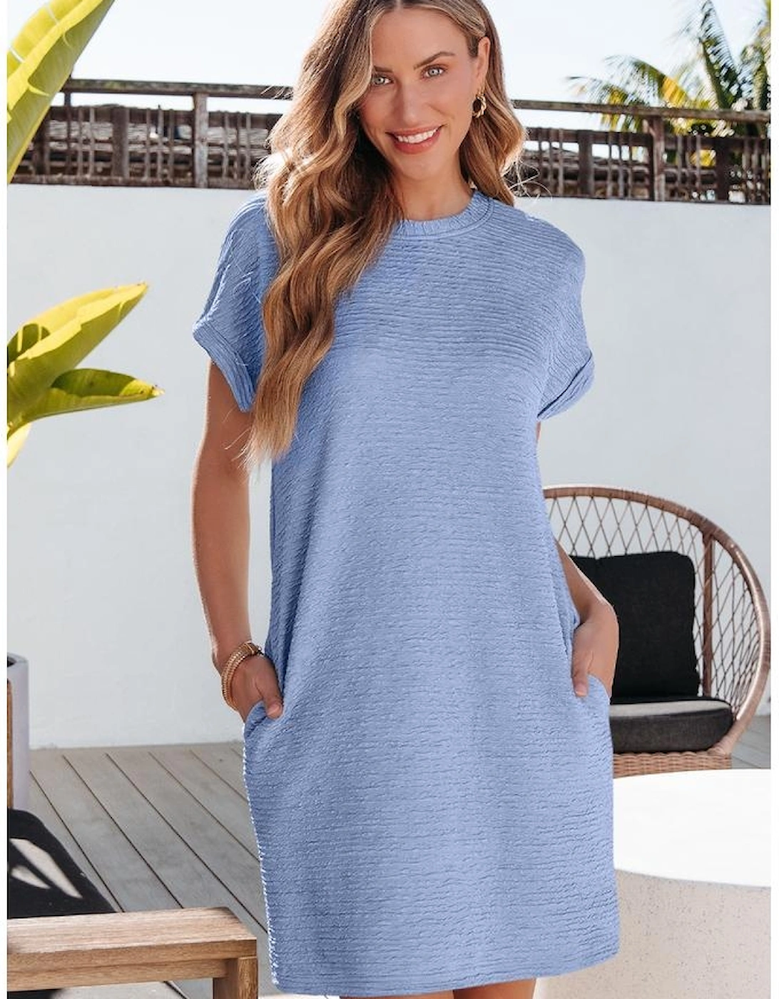 Myosotis Solid Color Textured Crinkle Short Sleeve T Shirt Dress