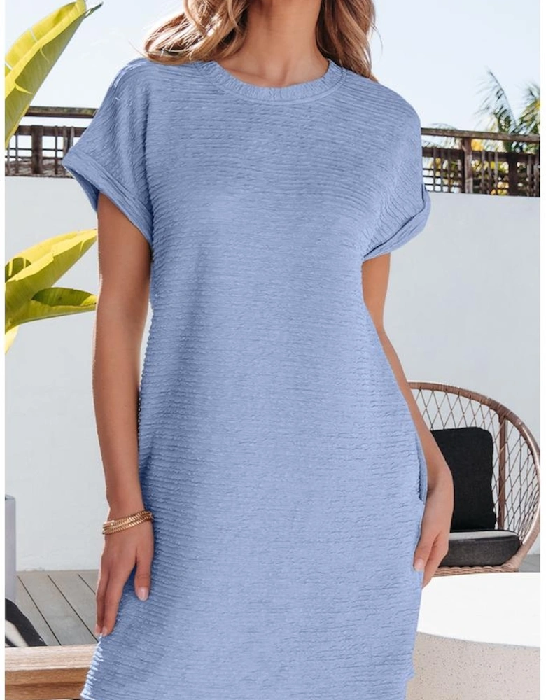 Myosotis Solid Color Textured Crinkle Short Sleeve T Shirt Dress