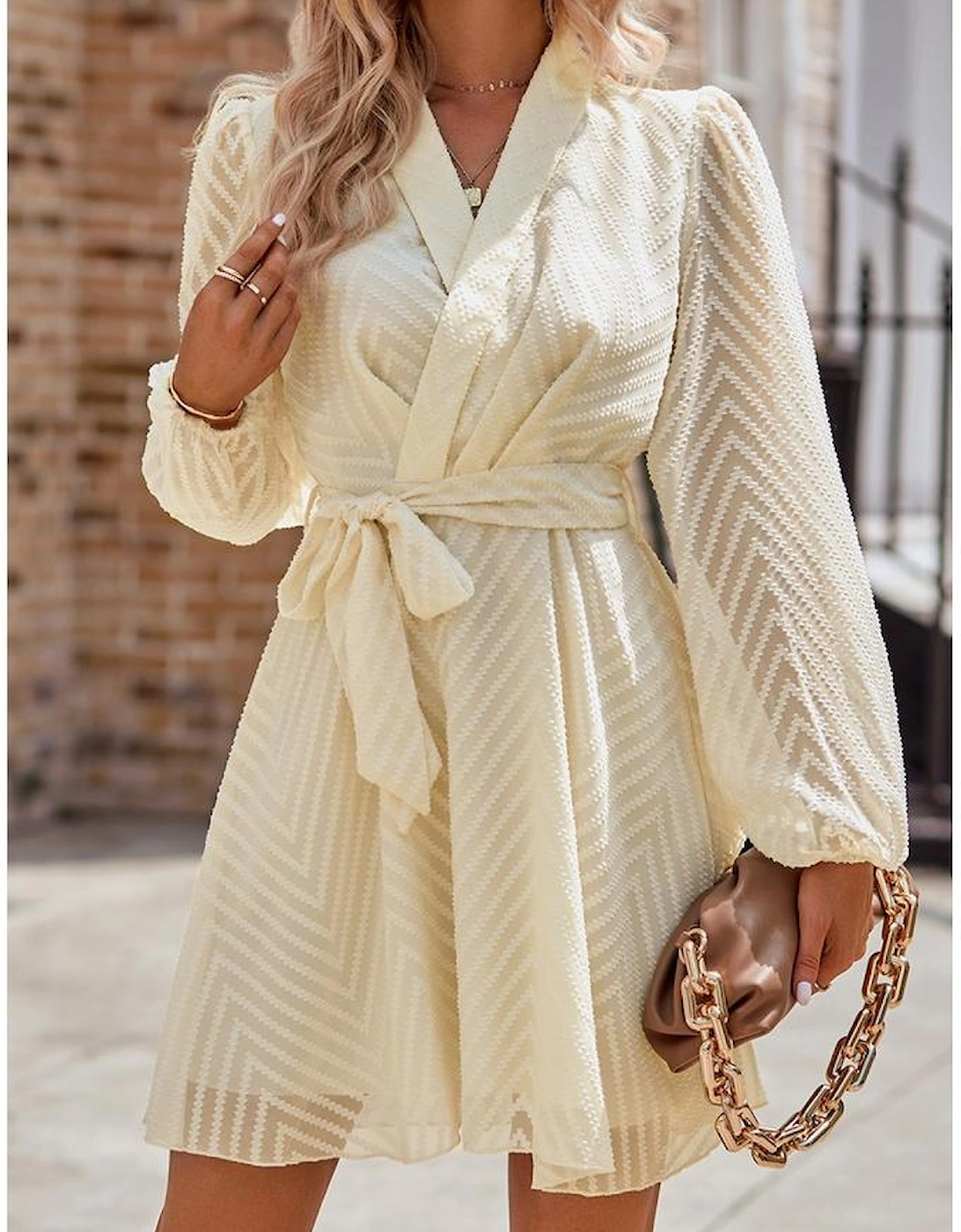 Apricot V Striped Sheer Puff Sleeve Surplice Knot Mini Dress
