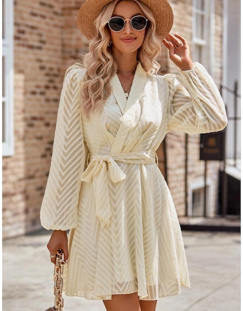 Apricot V Striped Sheer Puff Sleeve Surplice Knot Mini Dress