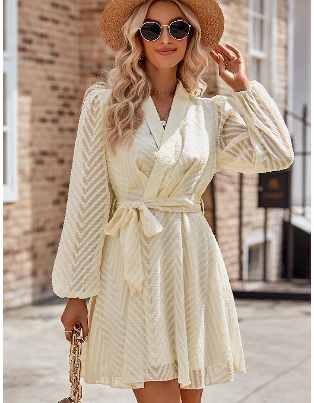Apricot V Striped Sheer Puff Sleeve Surplice Knot Mini Dress
