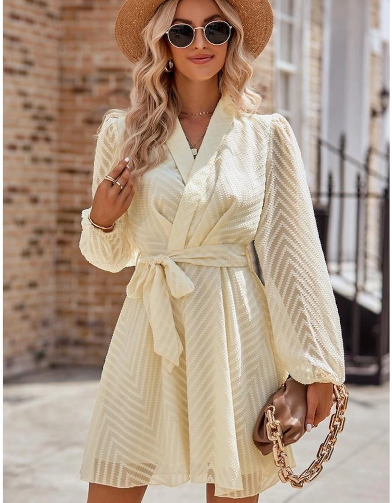 Apricot V Striped Sheer Puff Sleeve Surplice Knot Mini Dress