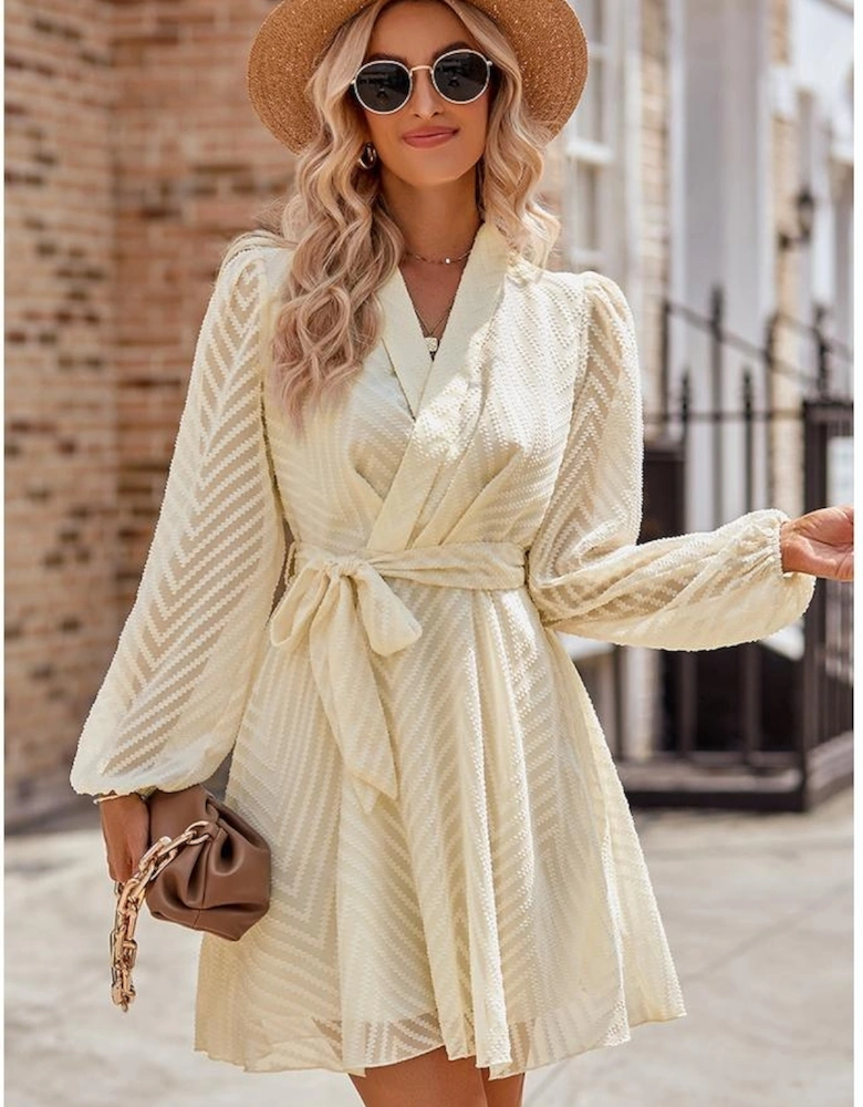 Apricot V Striped Sheer Puff Sleeve Surplice Knot Mini Dress