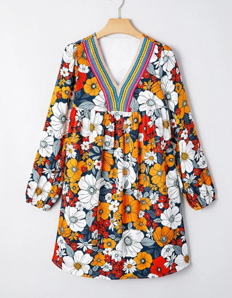 Orange Floral Print Striped Lace V Neck Long Sleeve Mini Dress