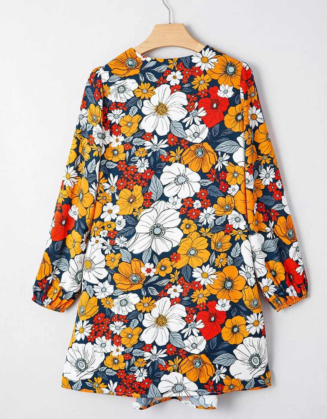 Orange Floral Print Striped Lace V Neck Long Sleeve Mini Dress