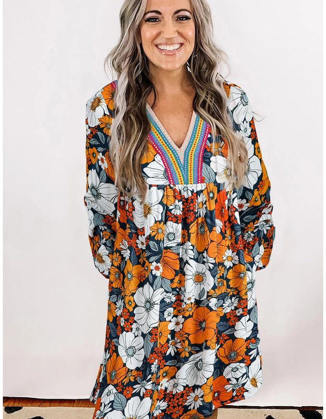 Orange Floral Print Striped Lace V Neck Long Sleeve Mini Dress, 10 of 9