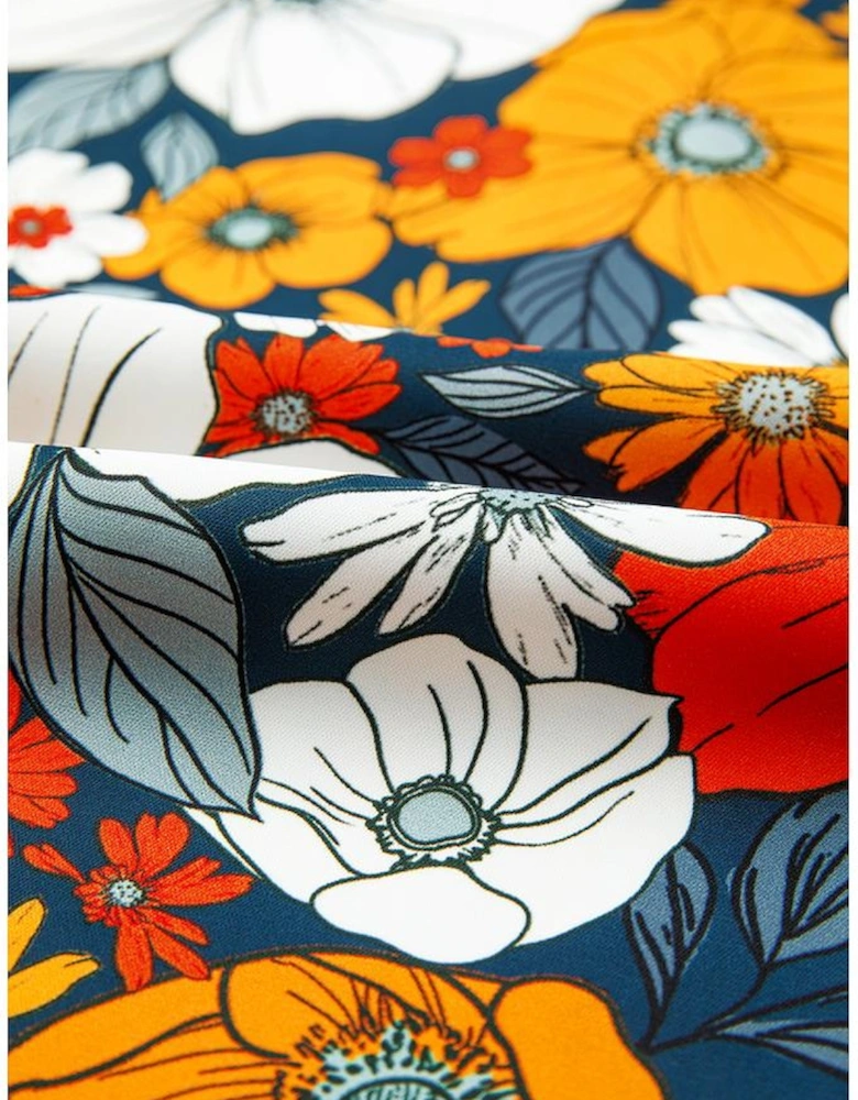 Orange Floral Print Striped Lace V Neck Long Sleeve Mini Dress