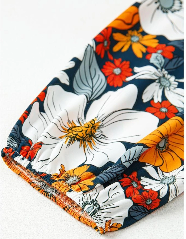 Orange Floral Print Striped Lace V Neck Long Sleeve Mini Dress