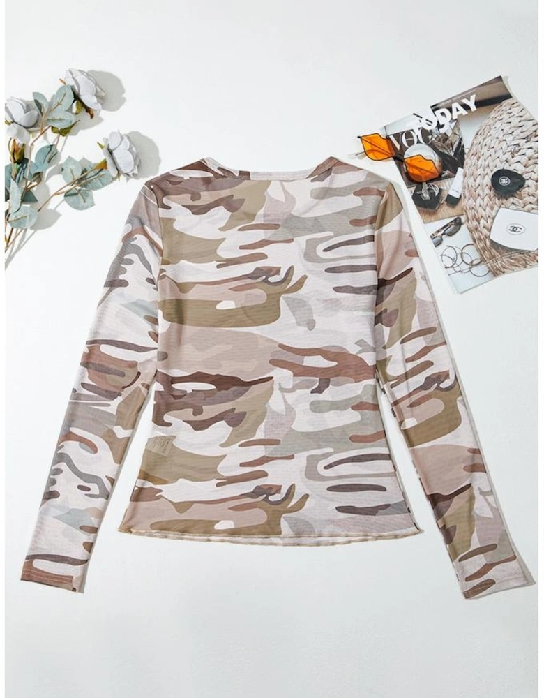 Green Western Fashion Camouflage Print Mesh Long Sleeve Top