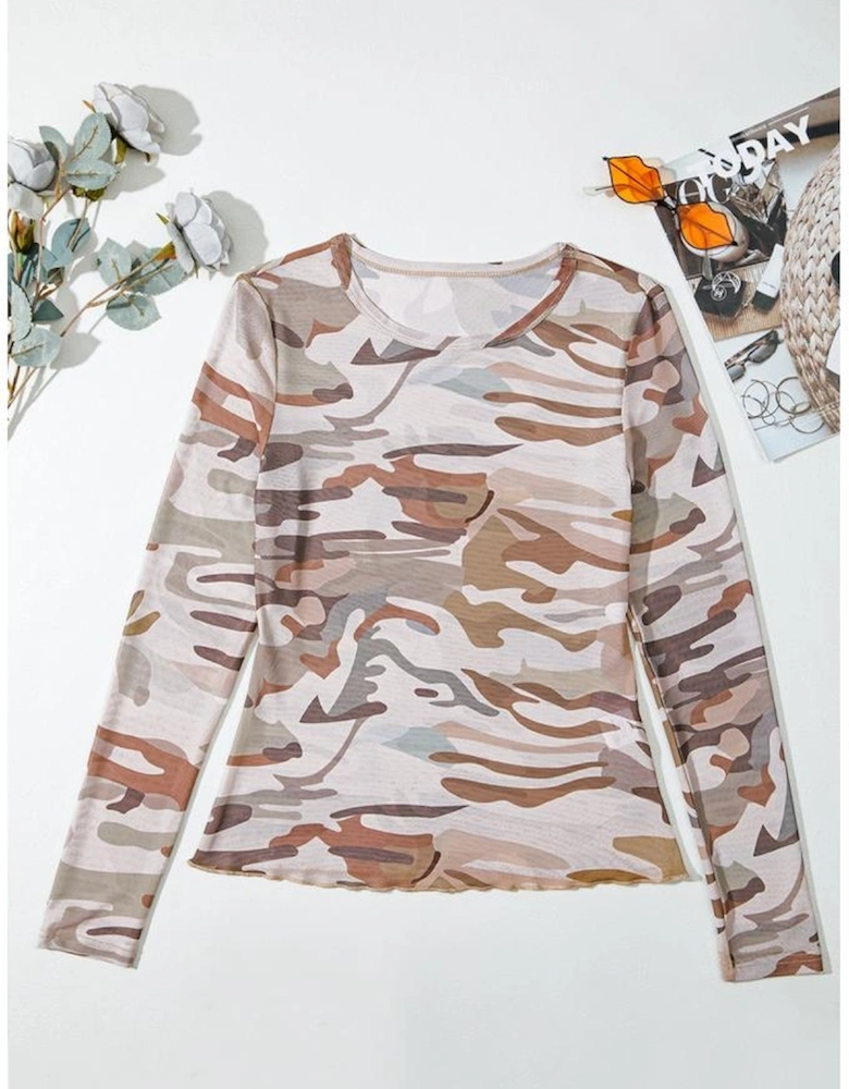 Green Western Fashion Camouflage Print Mesh Long Sleeve Top