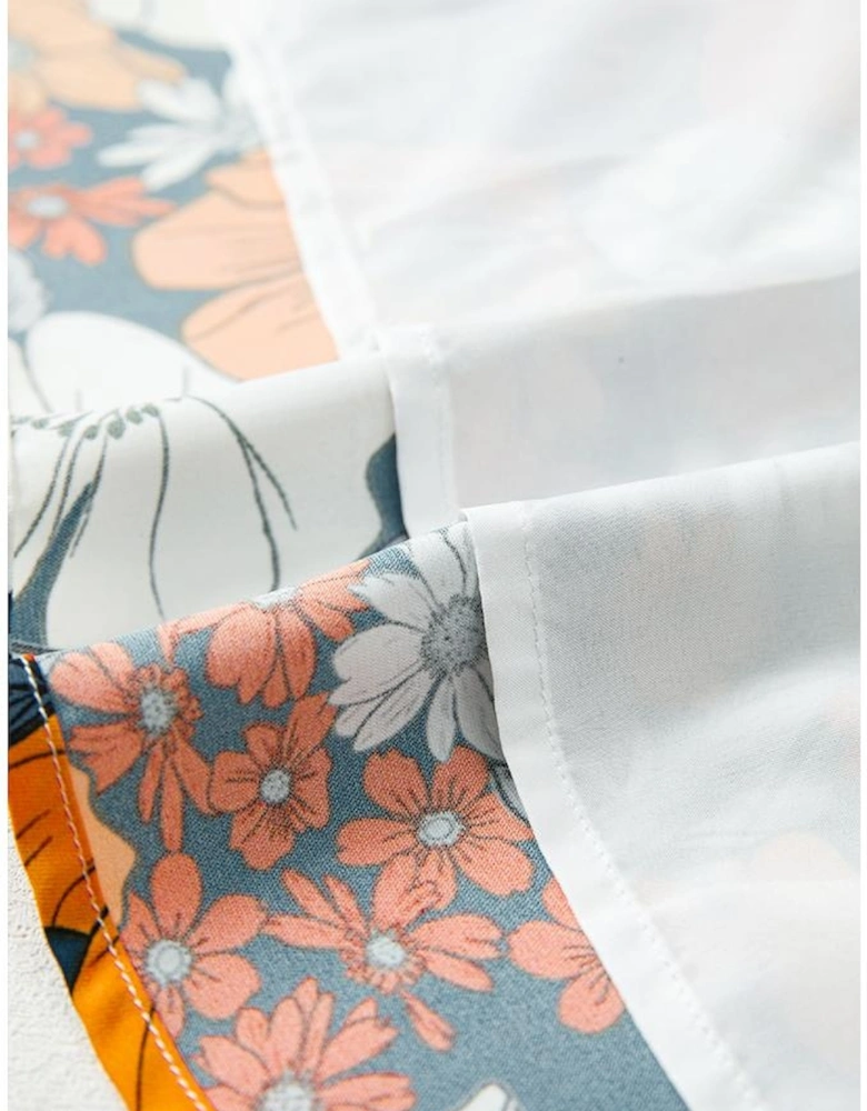 Orange Floral Print Striped Lace V Neck Long Sleeve Mini Dress