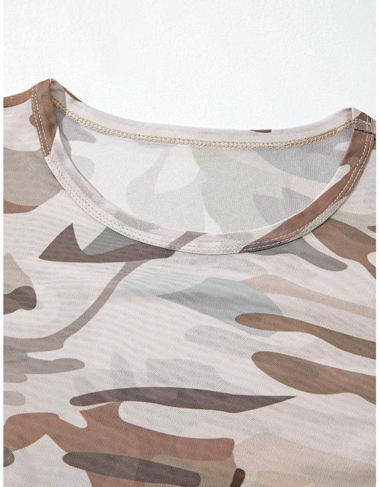 Green Western Fashion Camouflage Print Mesh Long Sleeve Top