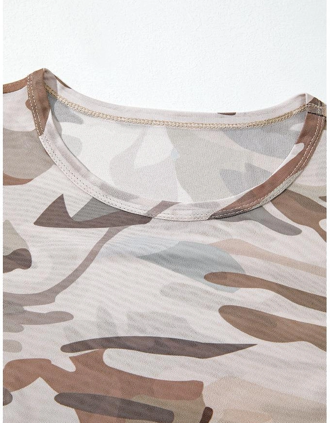 Green Western Fashion Camouflage Print Mesh Long Sleeve Top