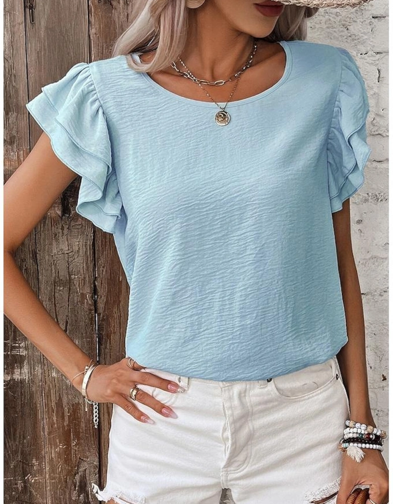 Mist Blue Solid Color Ruffled Short Sleeve Casual Blouse