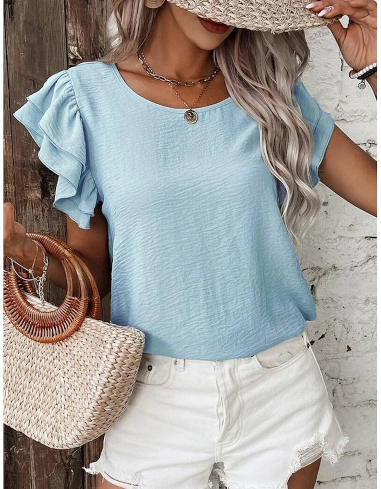 Mist Blue Solid Color Ruffled Short Sleeve Casual Blouse