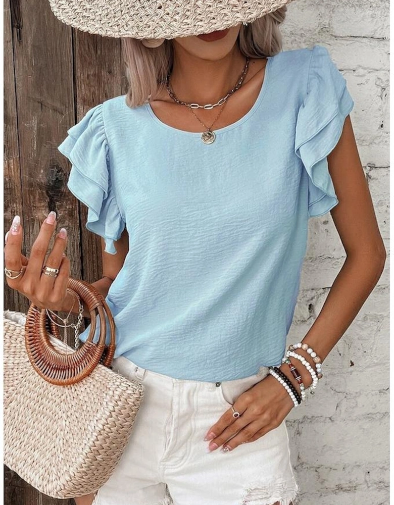 Mist Blue Solid Color Ruffled Short Sleeve Casual Blouse