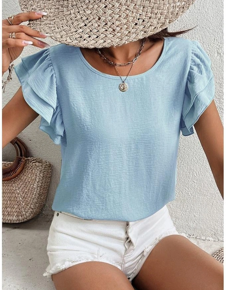 Mist Blue Solid Color Ruffled Short Sleeve Casual Blouse