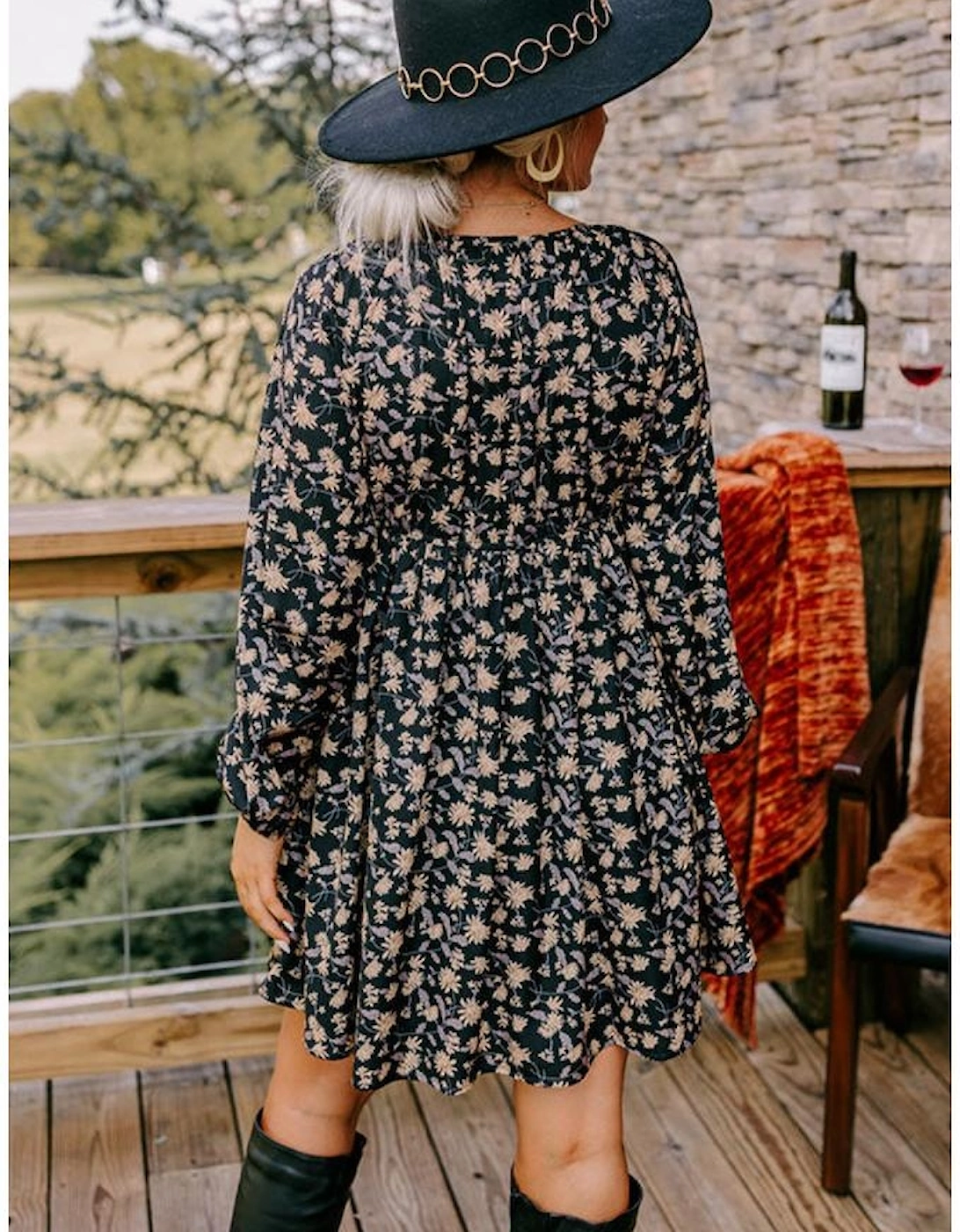 Black Floral Deep V Neck Smocked Bust Bubble Sleeve Babydoll Dress, 6 of 5