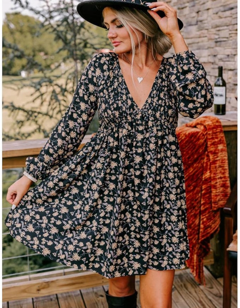 Black Floral Deep V Neck Smocked Bust Bubble Sleeve Babydoll Dress