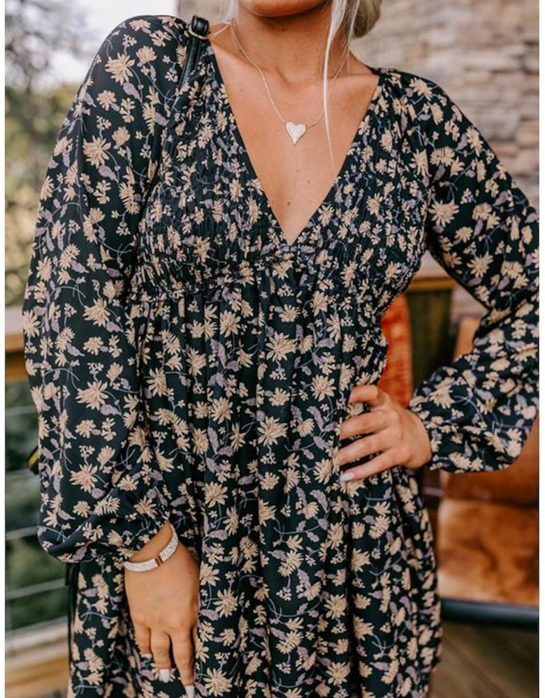 Black Floral Deep V Neck Smocked Bust Bubble Sleeve Babydoll Dress