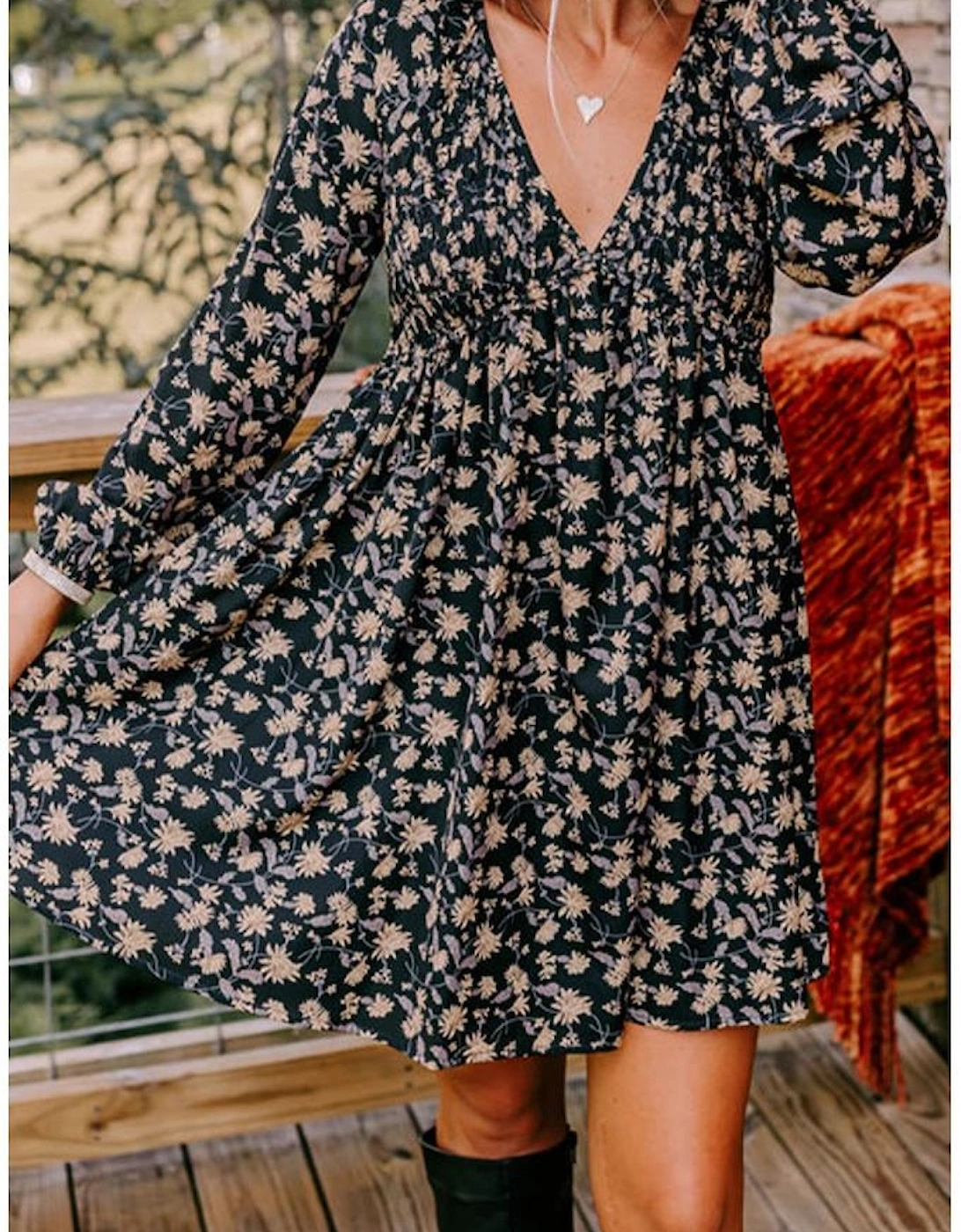 Black Floral Deep V Neck Smocked Bust Bubble Sleeve Babydoll Dress