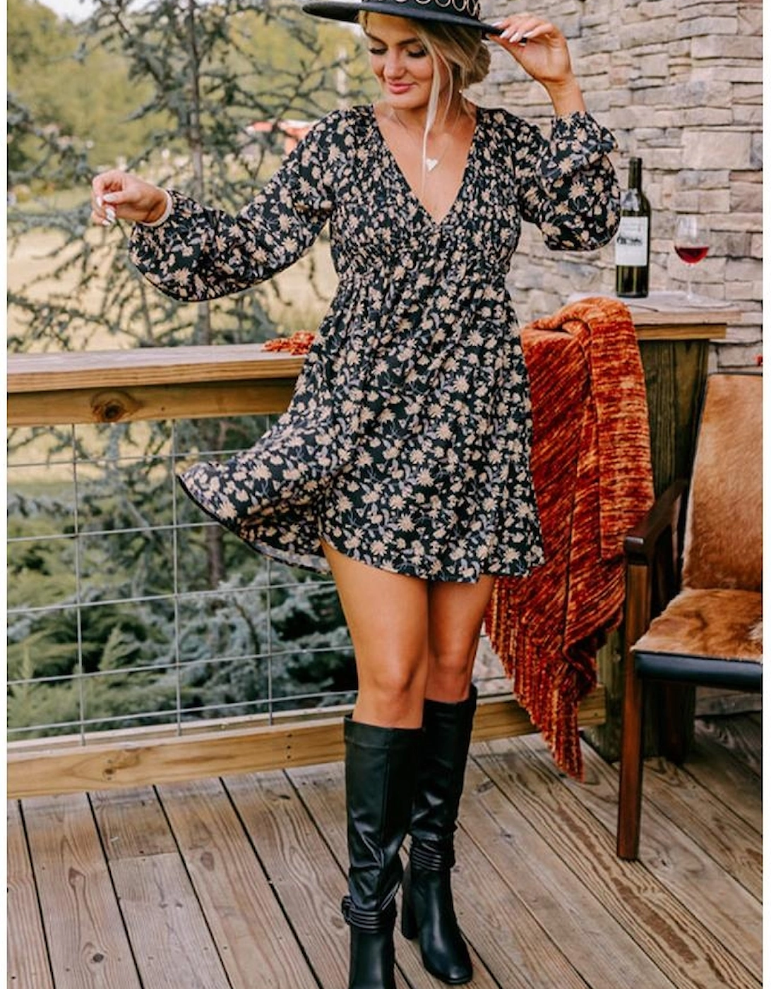 Black Floral Deep V Neck Smocked Bust Bubble Sleeve Babydoll Dress