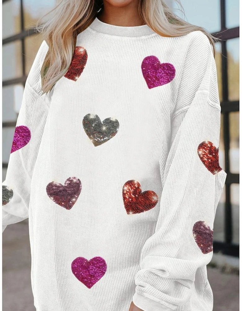 White Valentines Heart Patched Pattern Corded Pullover Sweatshirt
