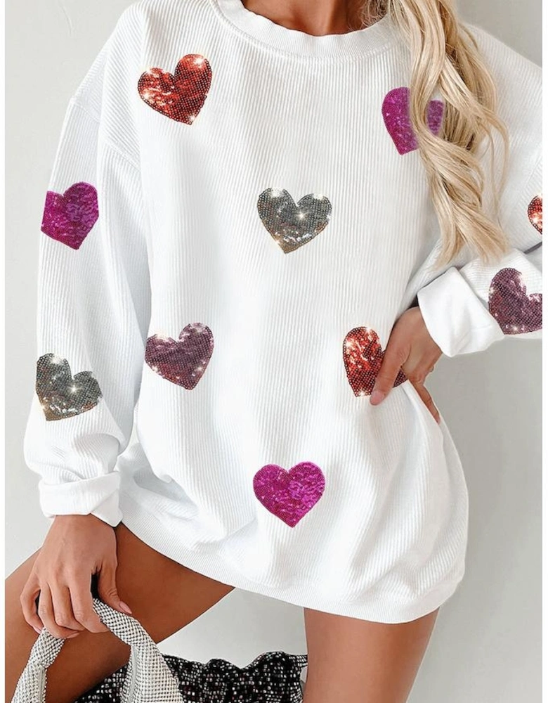 White Valentines Heart Patched Pattern Corded Pullover Sweatshirt