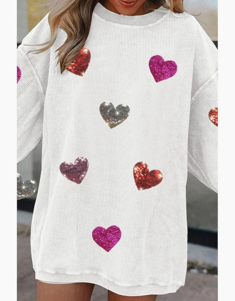 White Valentines Heart Patched Pattern Corded Pullover Sweatshirt