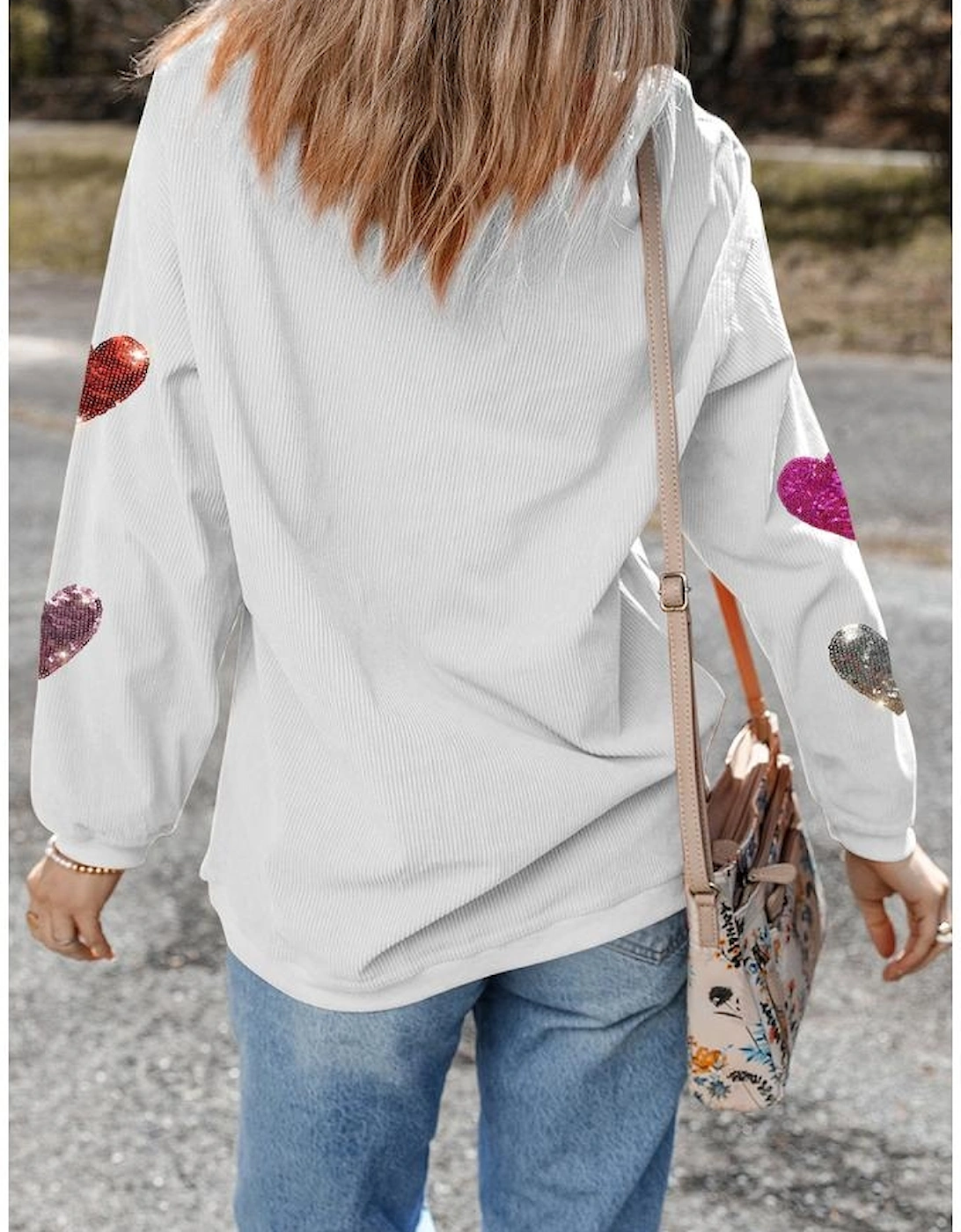 White Valentines Heart Patched Pattern Corded Pullover Sweatshirt