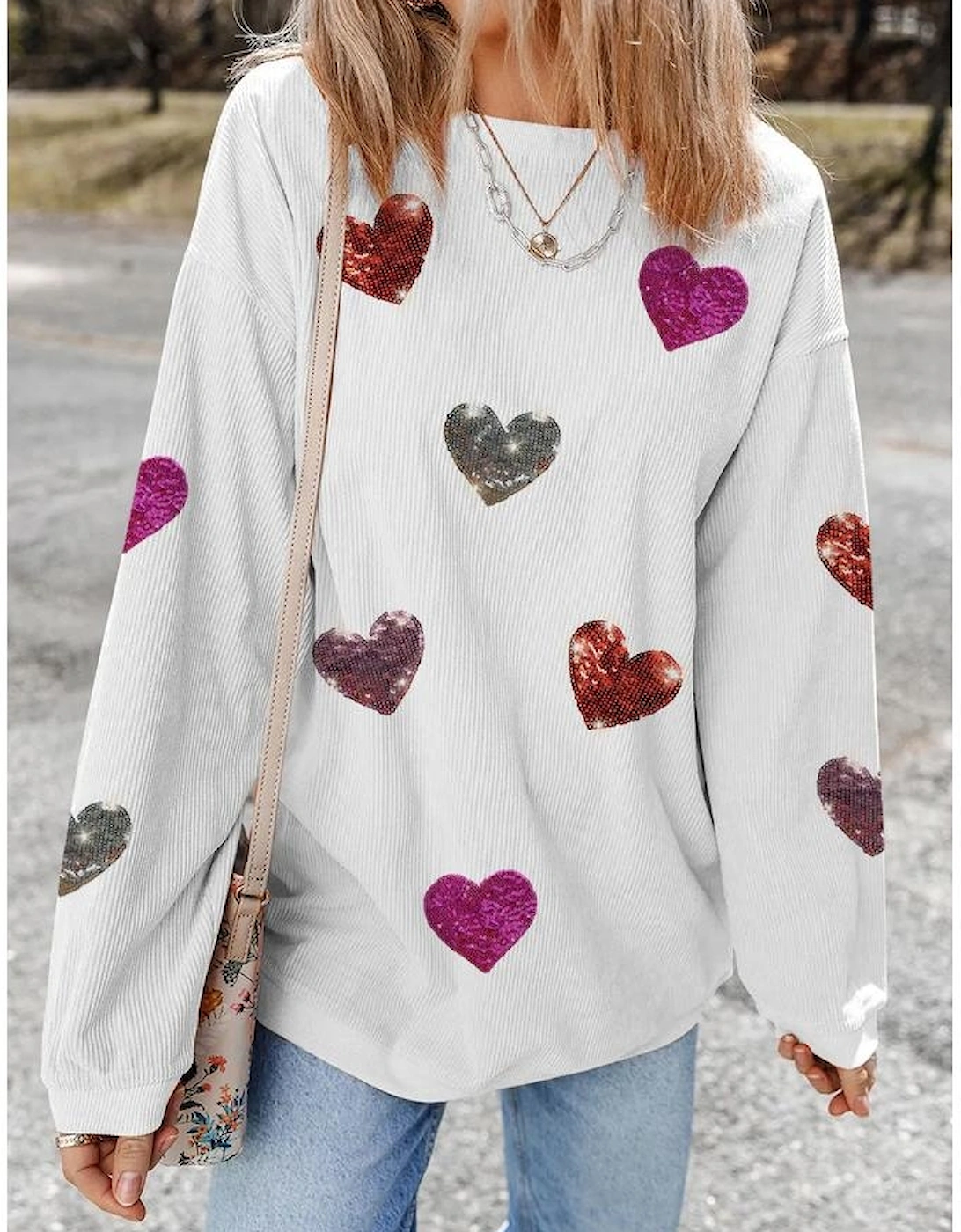 White Valentines Heart Patched Pattern Corded Pullover Sweatshirt