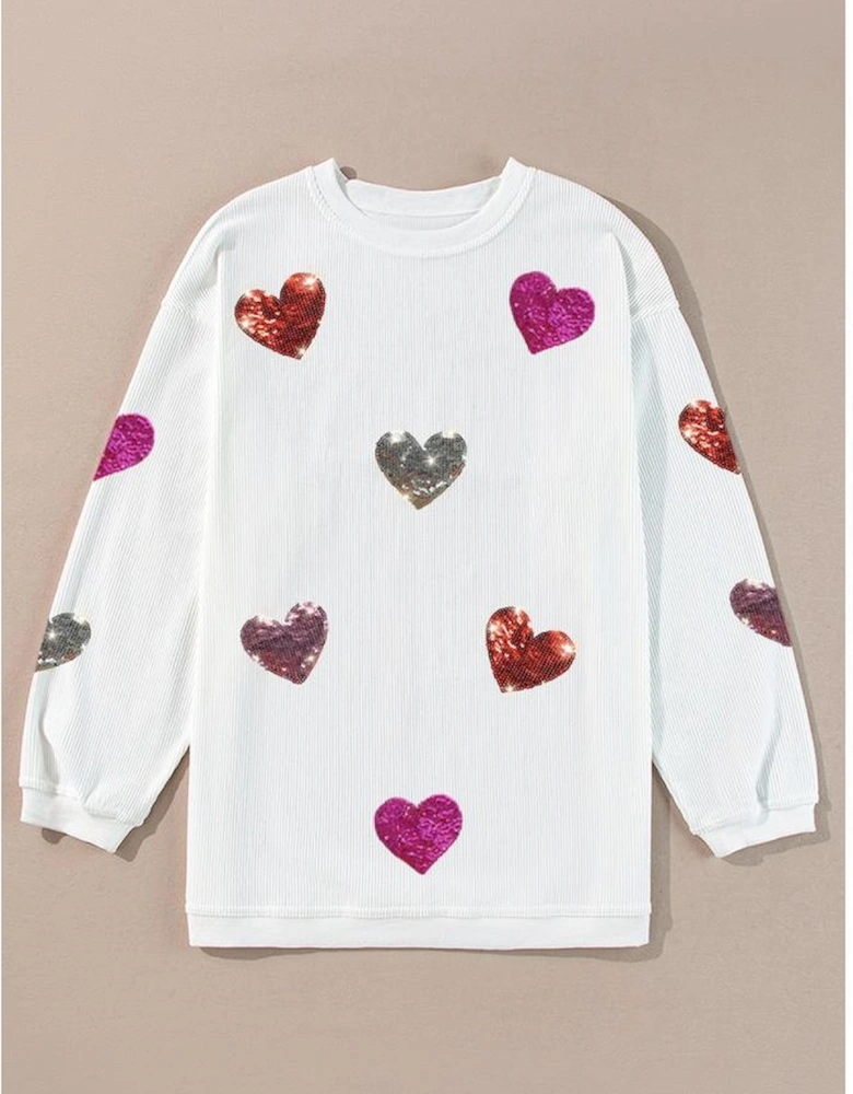 White Valentines Heart Patched Pattern Corded Pullover Sweatshirt