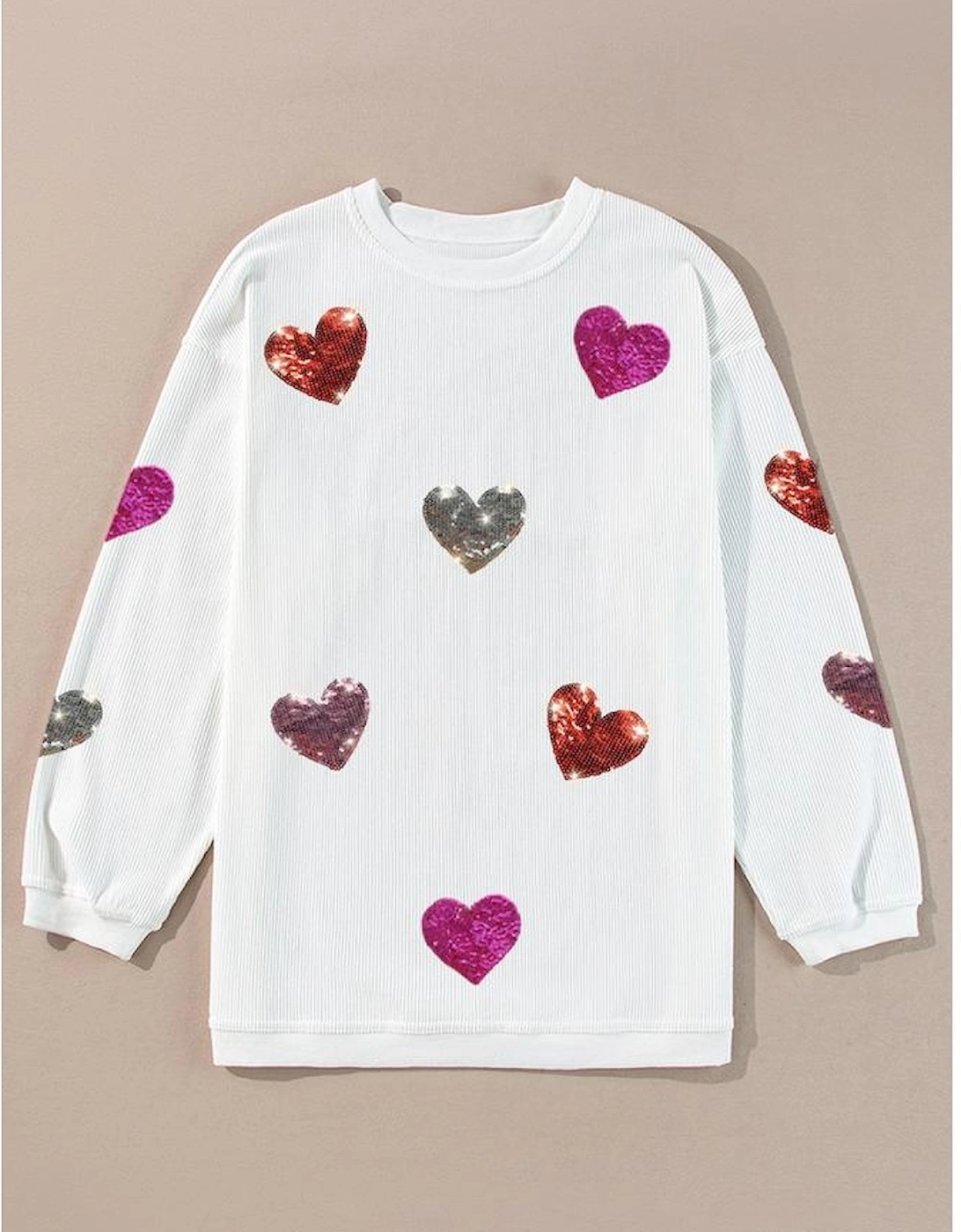White Valentines Heart Patched Pattern Corded Pullover Sweatshirt