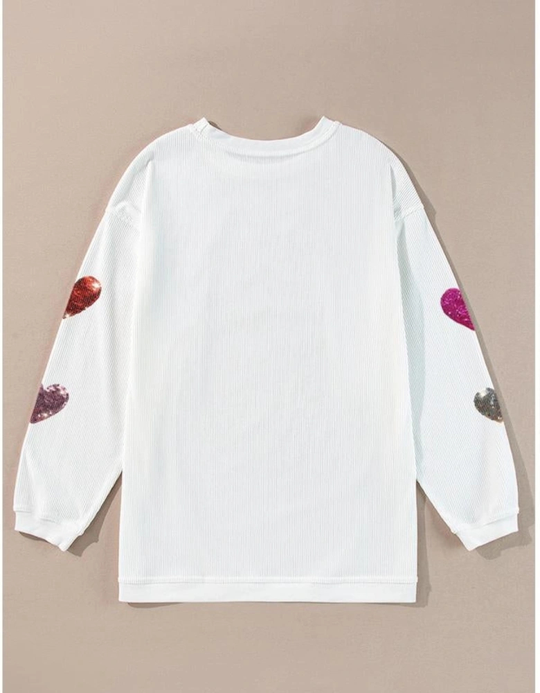 White Valentines Heart Patched Pattern Corded Pullover Sweatshirt