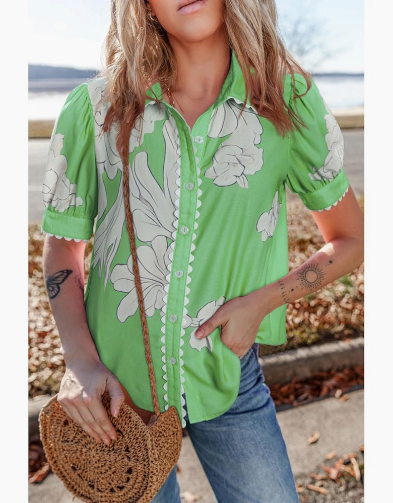 Green Floral Ric Rac Edge Puff Sleeve Button Up Summer Shirt