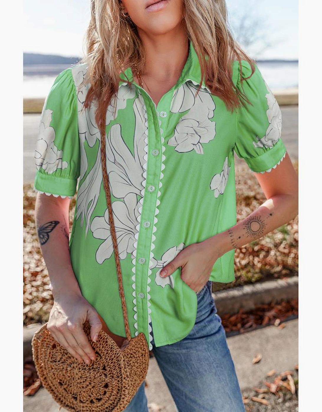 Green Floral Ric Rac Edge Puff Sleeve Button Up Summer Shirt