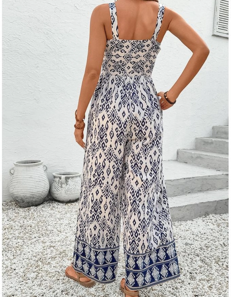 Blue Boho Geometric Print Shirred High Waist Wide Leg Jumpsuit