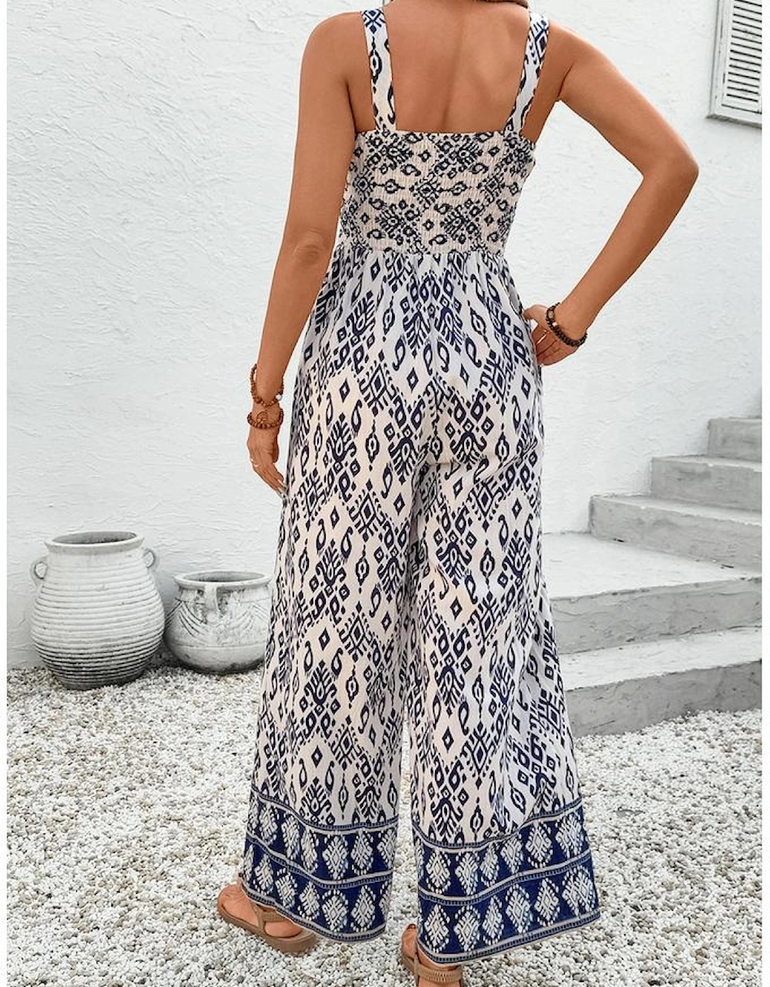 Blue Boho Geometric Print Shirred High Waist Wide Leg Jumpsuit, 16 of 15