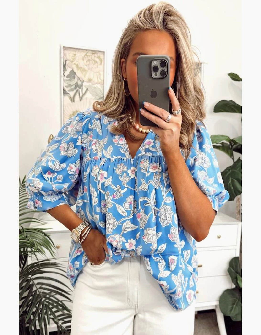 Sky Blue V Neck Floral Print 3/4 Puff Sleeve Blouse, 11 of 10