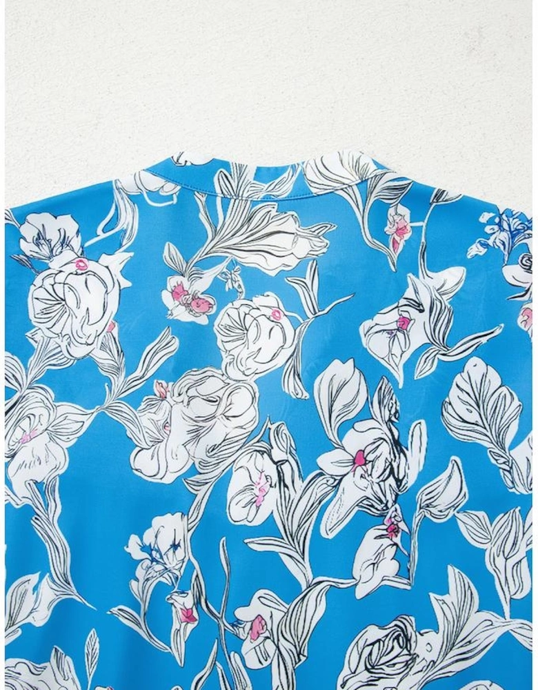 Sky Blue V Neck Floral Print 3/4 Puff Sleeve Blouse
