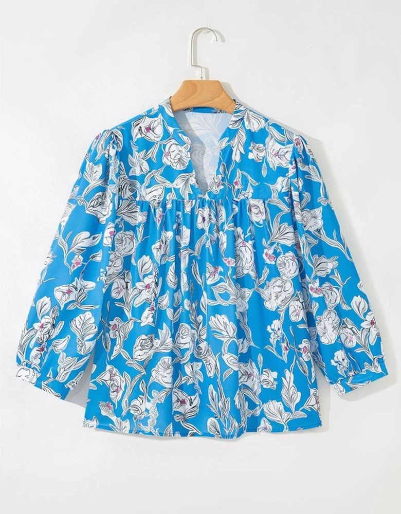 Sky Blue V Neck Floral Print 3/4 Puff Sleeve Blouse