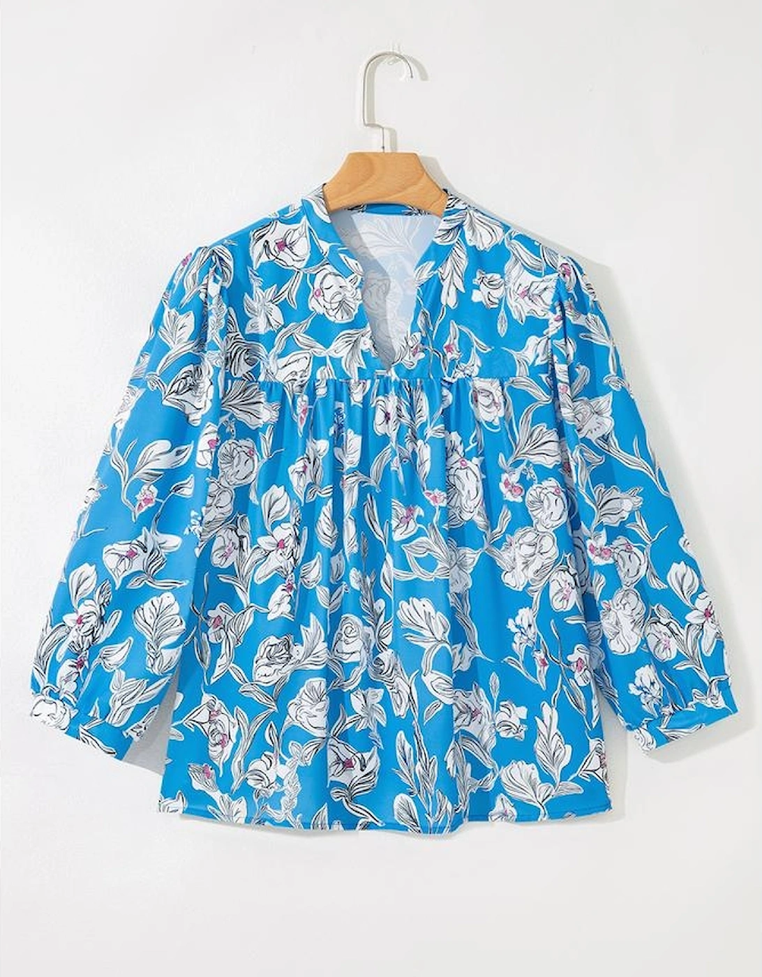 Sky Blue V Neck Floral Print 3/4 Puff Sleeve Blouse