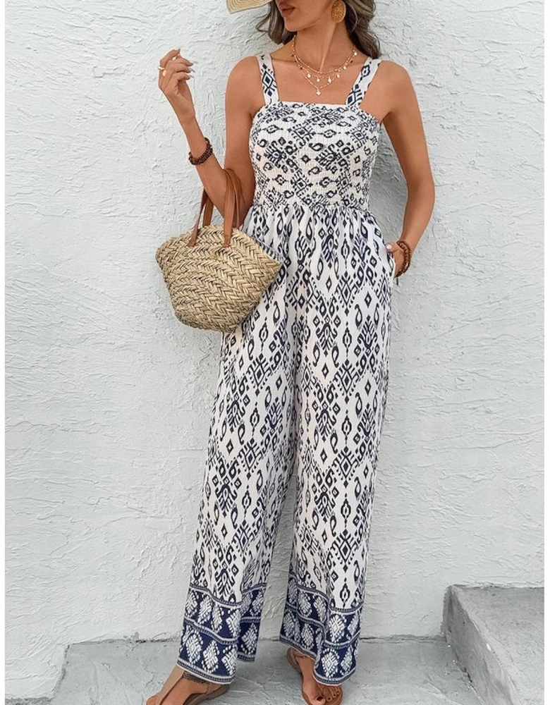 Blue Boho Geometric Print Shirred High Waist Wide Leg Jumpsuit