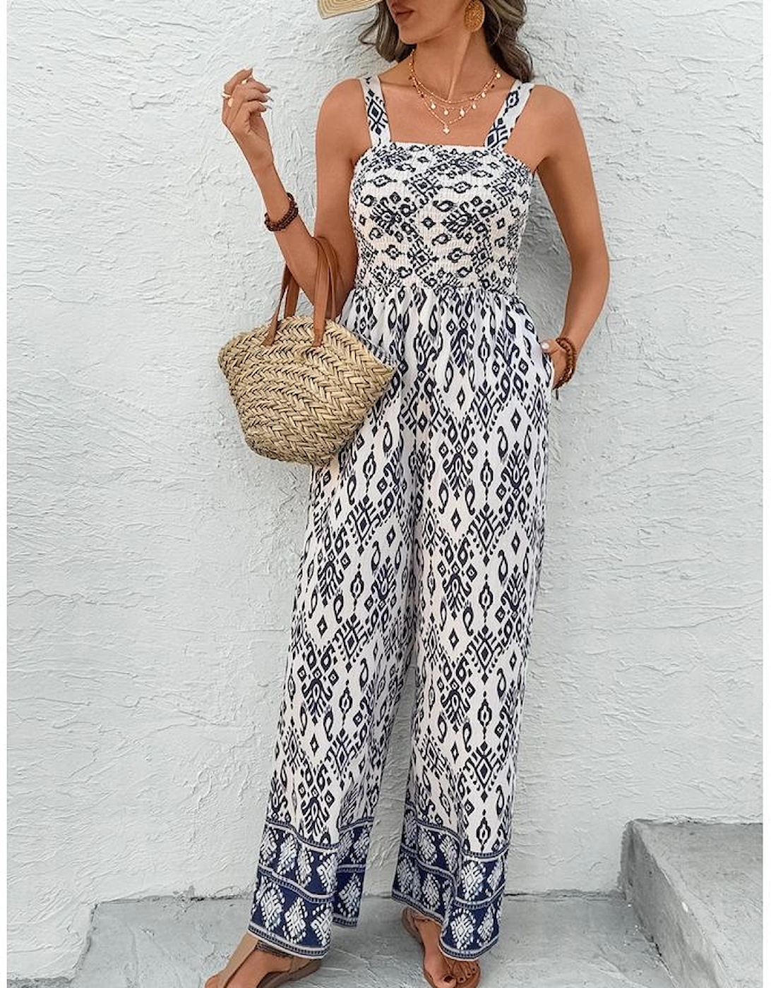 Blue Boho Geometric Print Shirred High Waist Wide Leg Jumpsuit