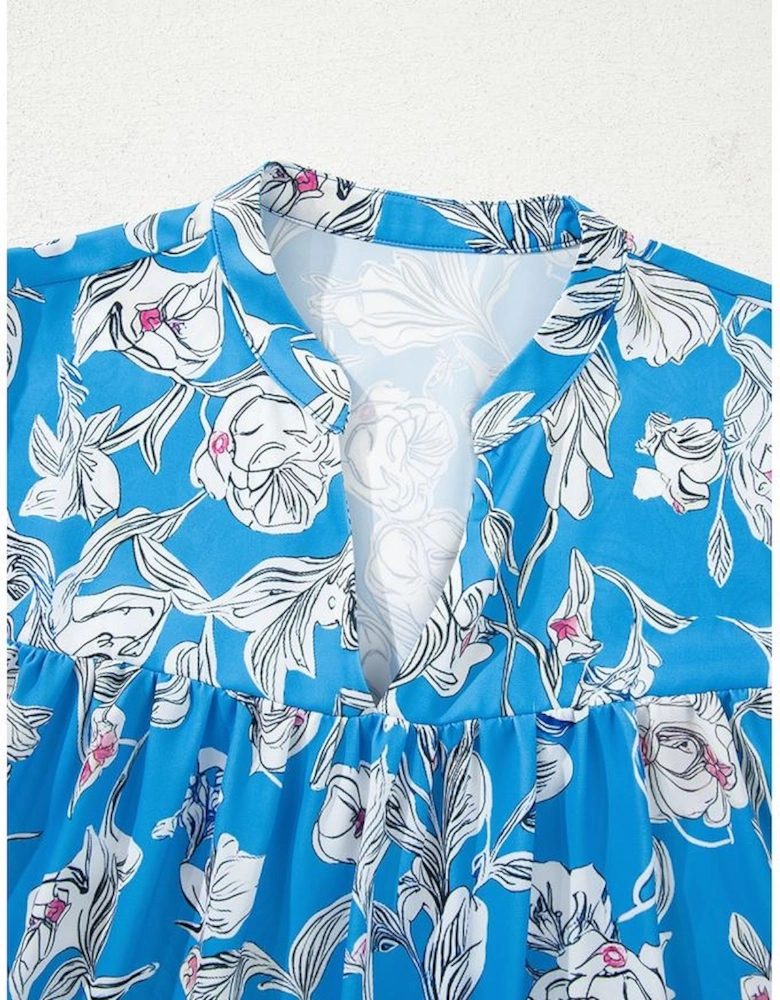 Sky Blue V Neck Floral Print 3/4 Puff Sleeve Blouse